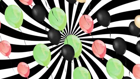 Animation-of-colorful-balloons-flying-over-black-and-white-background