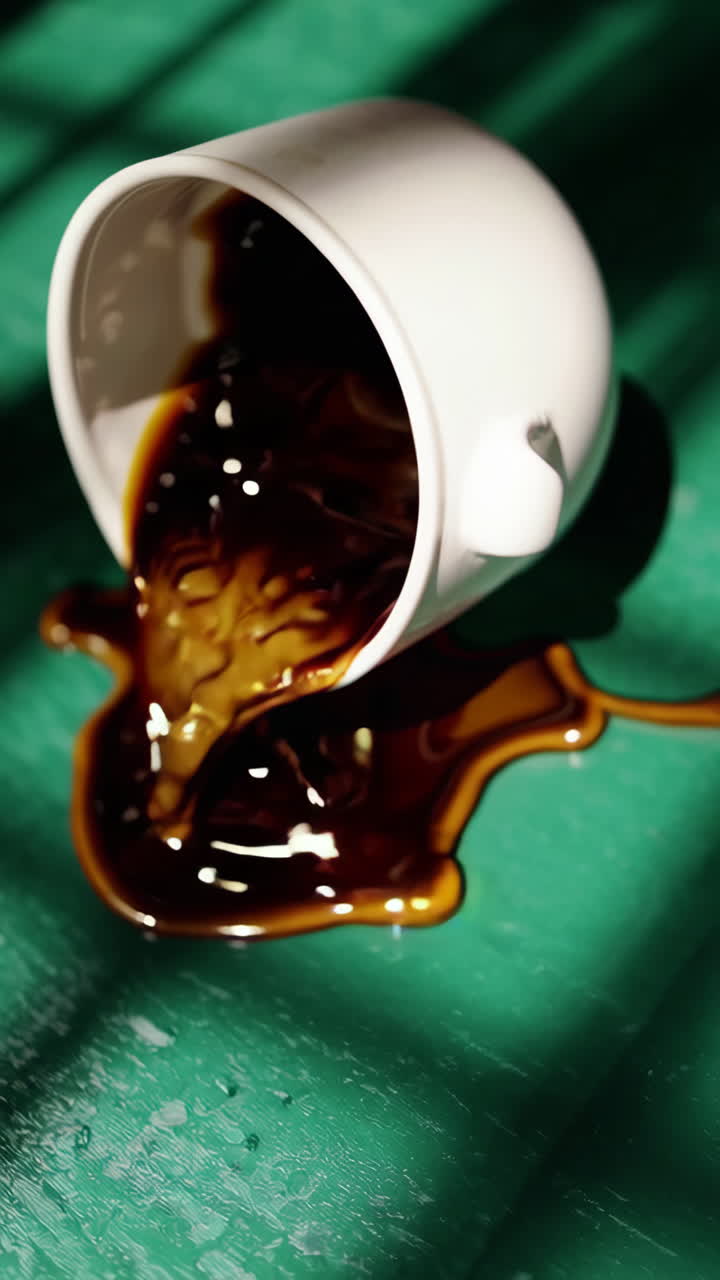 Coffee spilling from a white cup onto a green surface