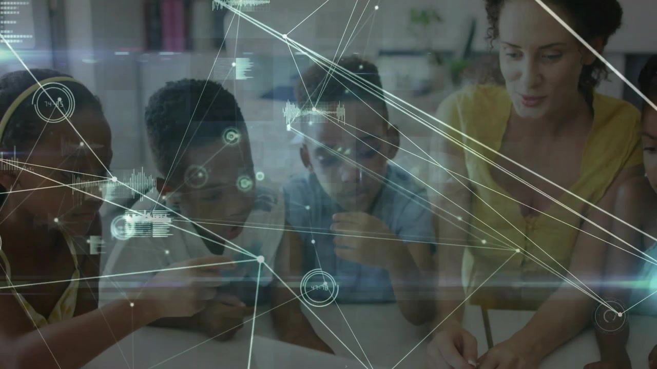 Woman educator guiding five children tapping tablet and starting animated HUD overlays for learning