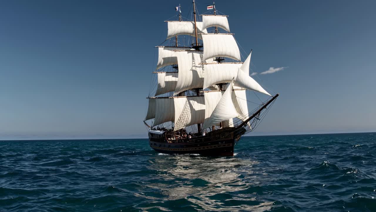 Una maestosa barca a vela in mare aperto, ripresa da un angolo basso, che ne evidenzia la grandiosità