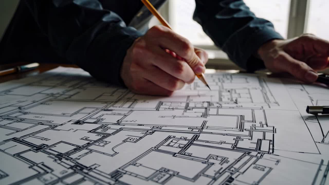 Architectural blueprint on a desk with drafting tools, captured from a low-angle
