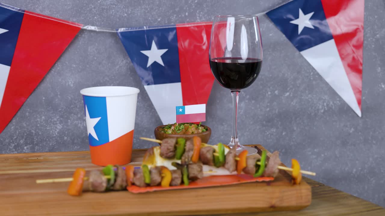 Chile Fiestas Patrias Chilean Flag Anniversary national day anticuchos wine glass drink food