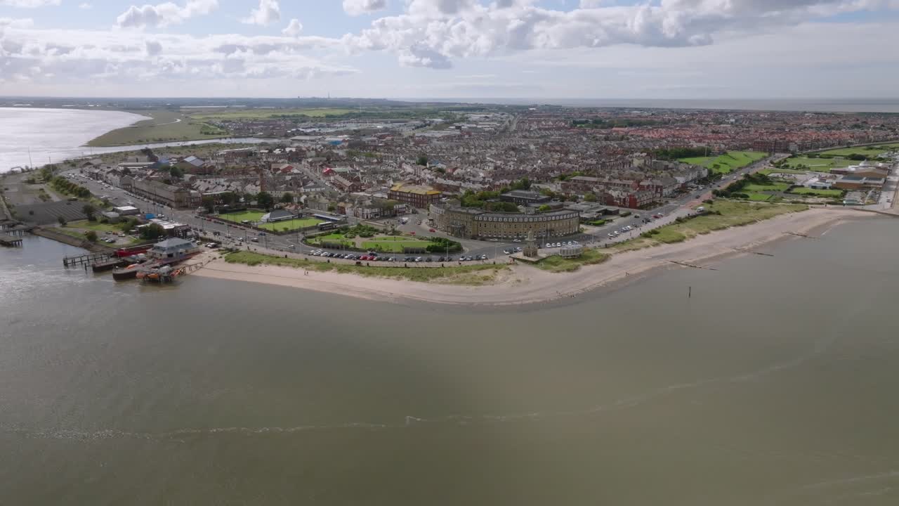 Yacht Sailing Past Headland And River Wyre Mouth At Fleetwood. Peninsula Shape Clearly Visible. Lancashire, UK