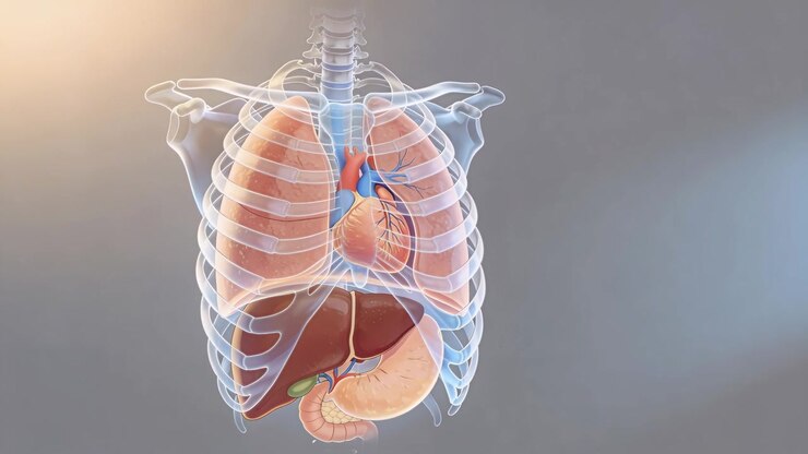Translucent ribcage holding lungs, heart, liver and stomach in digital anatomy model, AI-generated