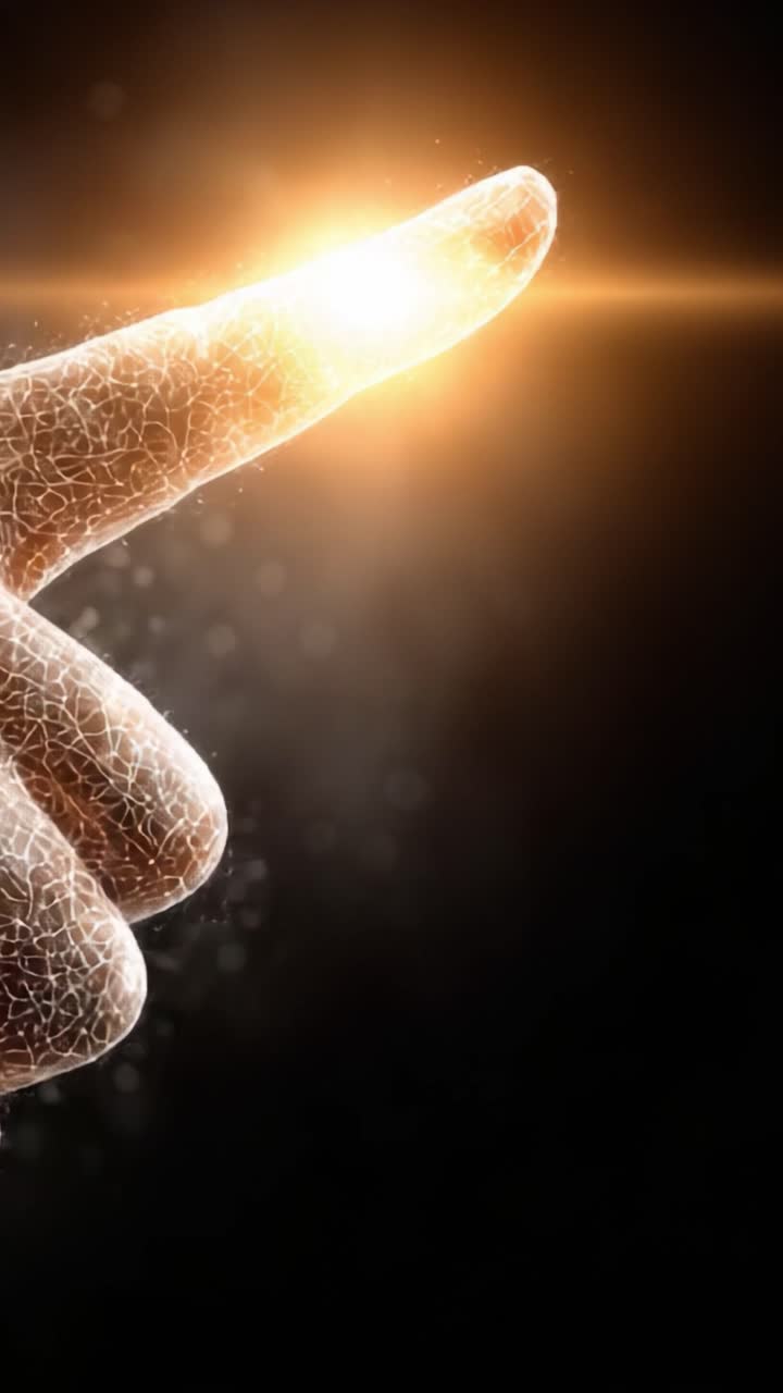 Toque Iluminado: Una Representación Simbólica de Conexión y Energía a Través de un Dedo Brillante Sobre un Fondo Oscuro