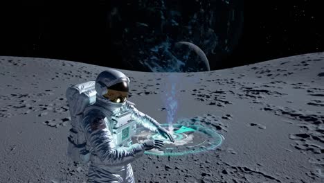 astronaut interacting with holographic display on the moon