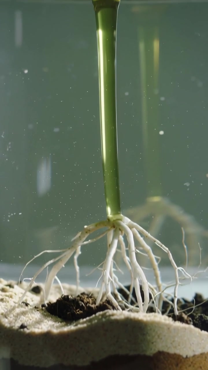 Vertical video: Pulling camera back, revealing plant cutting in clear glass jar to show white roots