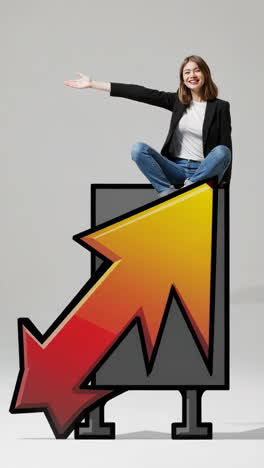 woman sitting on a bar graph with an upward trend arrow