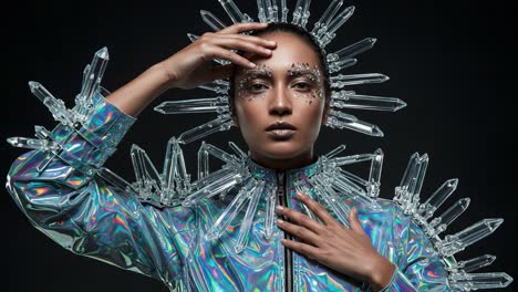 a stunning fashion statement featuring a model adorned with crystal accents and reflective attire, capturing a unique blend of artistry and style