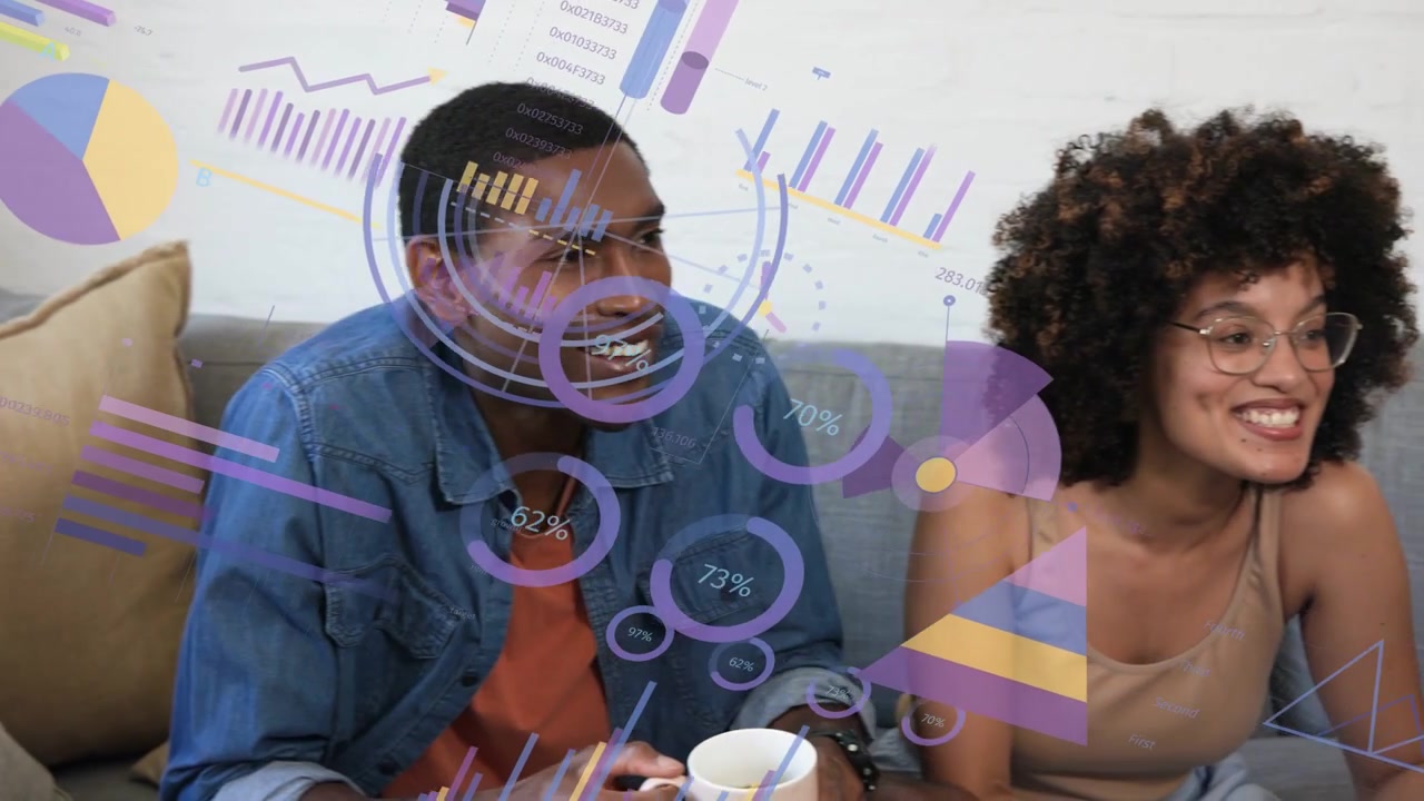 Man holding mug starting speaking, group on sofa laughing and sharing ideas while charts overlaying