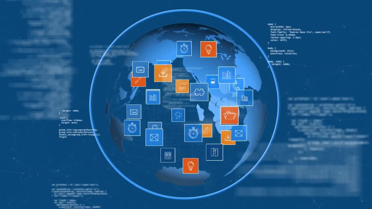 Animation of icons on globe in circle, computer language against connected dots on blue background