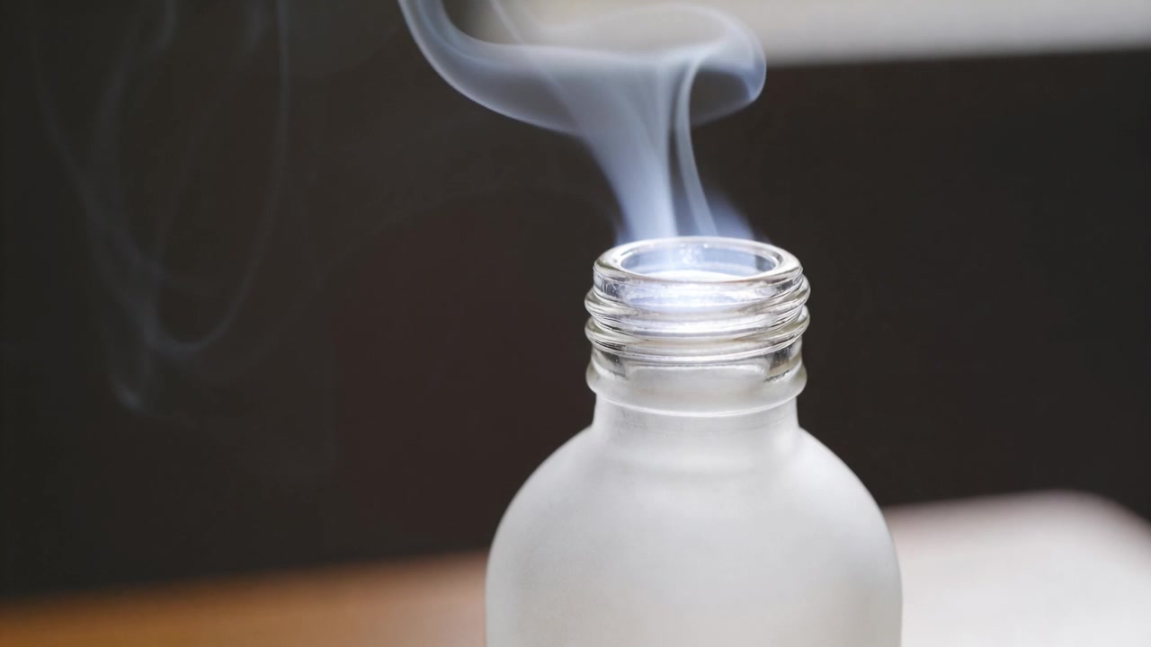 Une bouteille givrée libérant un panache de vapeur après l'ouverture de son goulot sur une table, avec un objet blanc au-dessus.