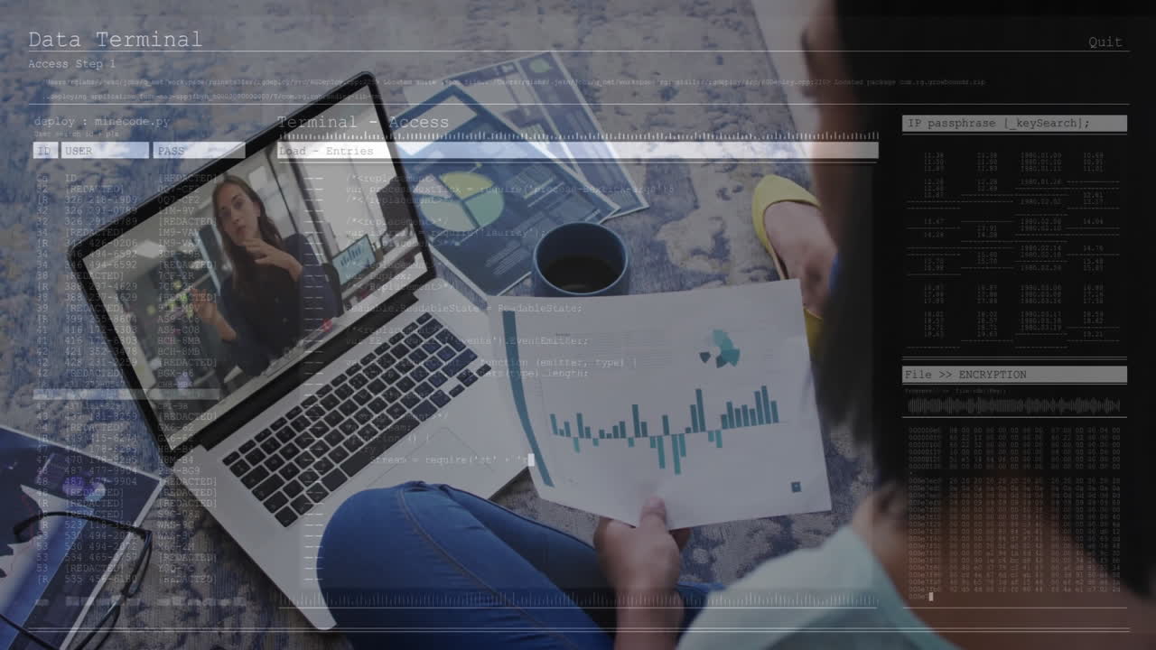 Data analyst sitting on carpet with laptop, holding chart while code and UI elements floating