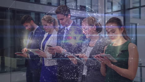 animation of network of connections and globe over diverse business people in office