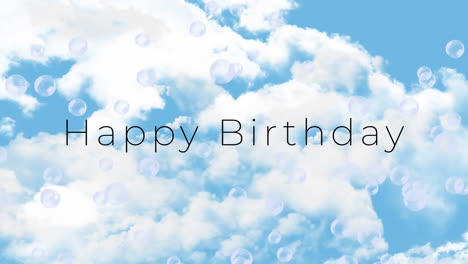 Animation-of-happy-birthday-text-and-soap-bubbles-over-cloudy-sky