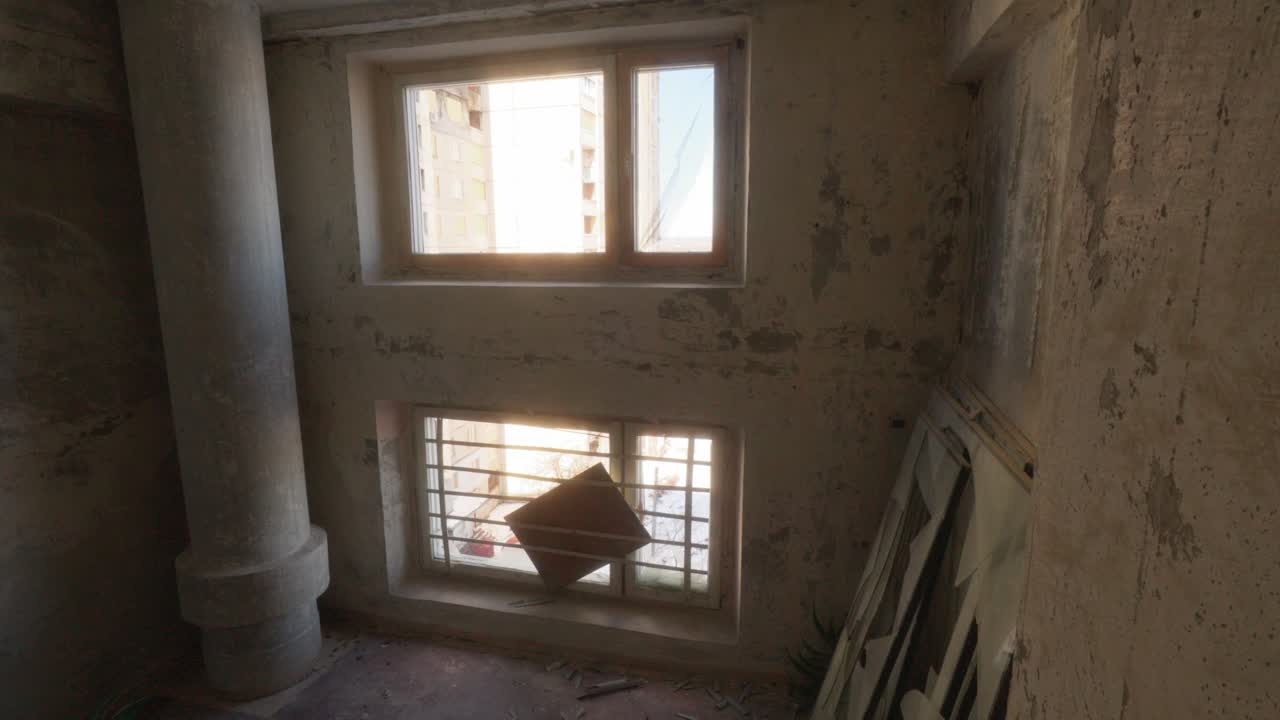 A staircase in a residential building destroyed by a Russian military attack