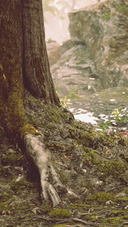 close up of a tree root covered in moss