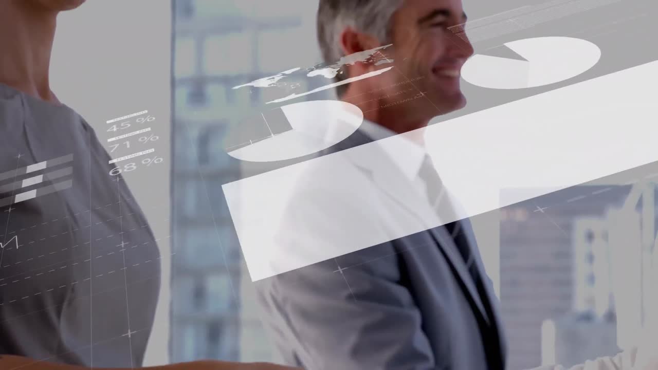Animation of statistics and data processing over businessman handshake