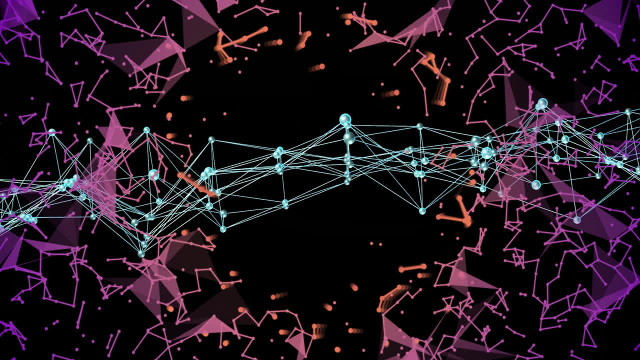 Animation of network nodes and geometric shapes on black background