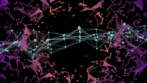 animation of network nodes and geometric shapes on black background