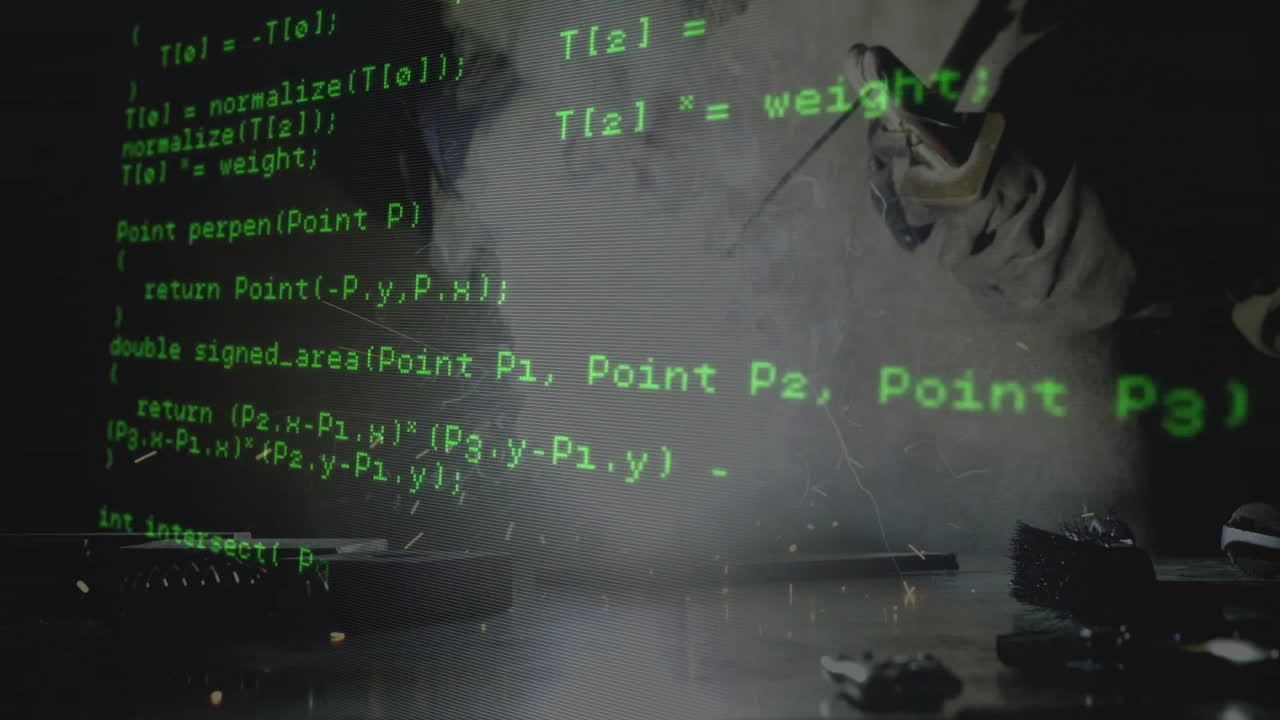 Floating green code lines drifting across workshop scene in 3D render, revealing metalworking tools