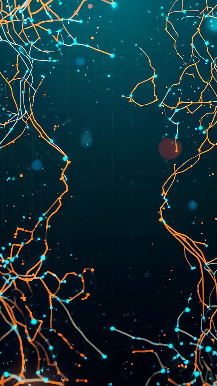 Vertical video: Drifting neon filaments organizing faces in cyberspace while pulsing network nodes