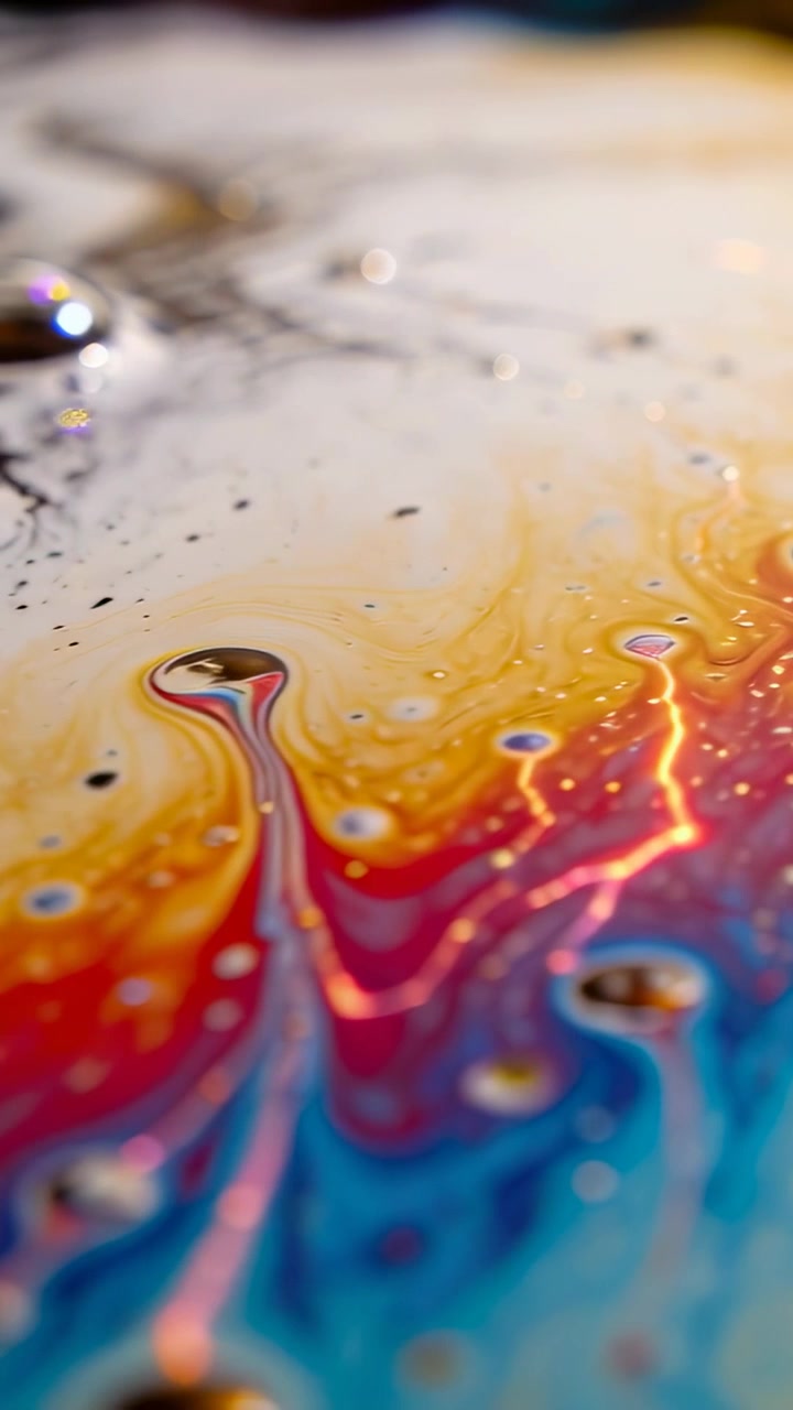 Video verticale: Pellicola di sapone con bande di colore cangianti, goccioline in studio mosse dal flusso capillare.