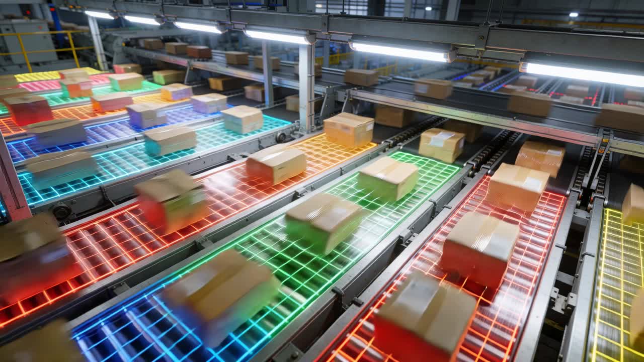 Vertical video: Starting belt motors pushing boxes along plant lanes for sorting with lit grid pads