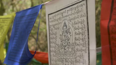 close up shot of buddhist praying flags waving with the wind next to a stupa in tar, hungary, europe