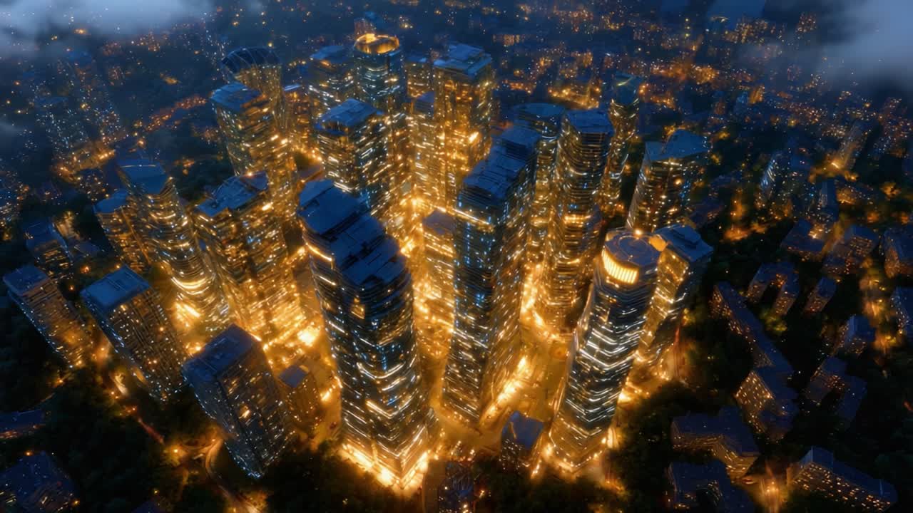 A Stunning Aerial View of an Urban Skyline Illuminated at Night, Showcasing Skyscrapers Among a Lush Green Landscape and the Dazzling Glow of City Lights