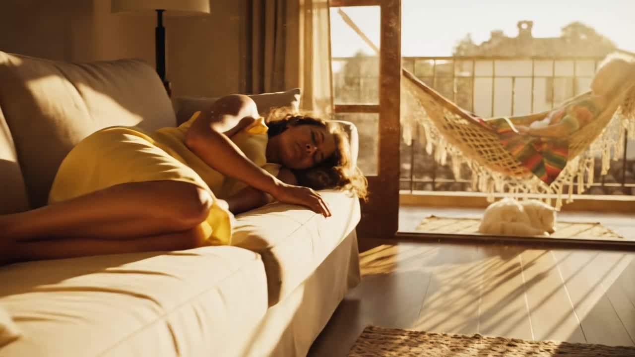 Woman relaxing in hammock on balcony with dog