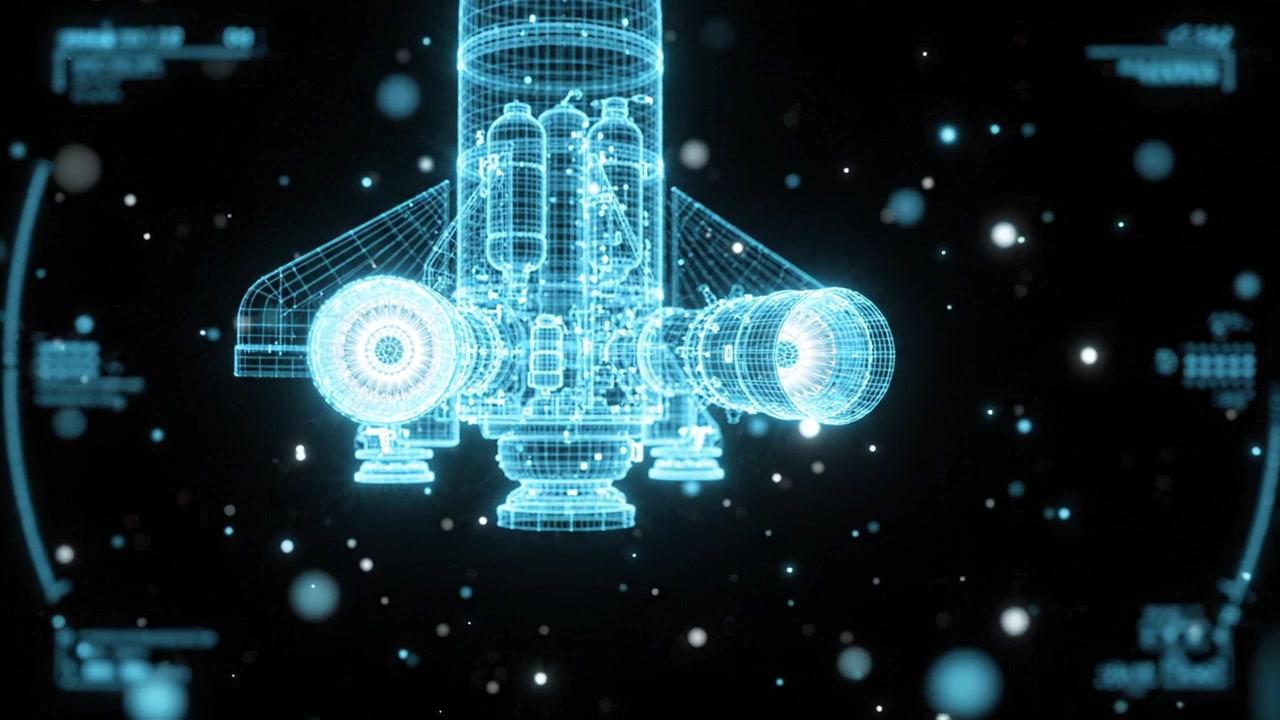 Detailed Holographic Visualization of a Spacecraft with Enhanced Propulsion Systems and Structural Design in a Starry Background