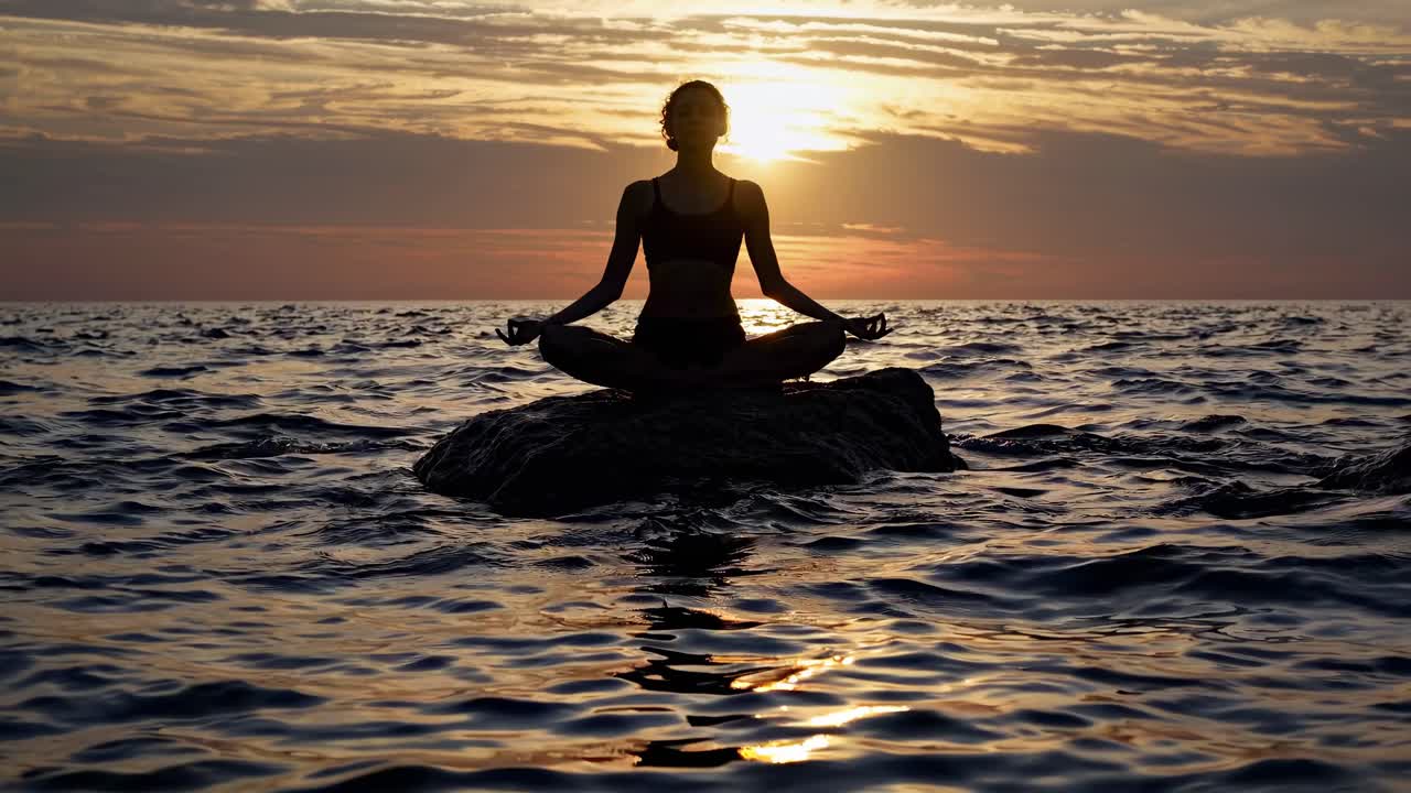 Silhouette of a person meditating on a rock in the ocean at sunset