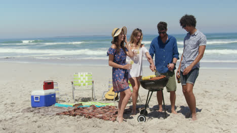 group of friends cooking food on barbecue 4k