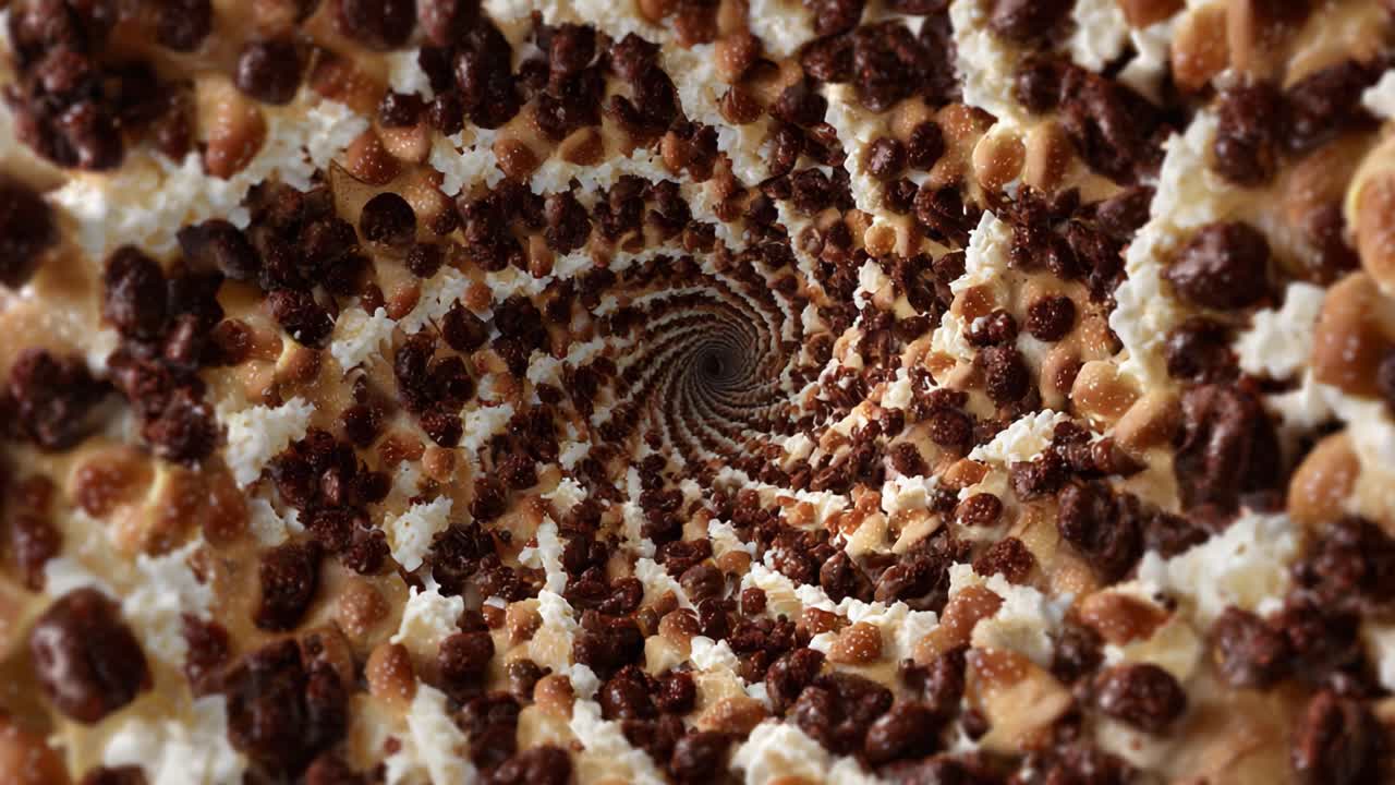 A Mesmerizing Spiral of Crunchy Toppings and Creamy Layers Captured in an Enticing Swirling Dessert Scene