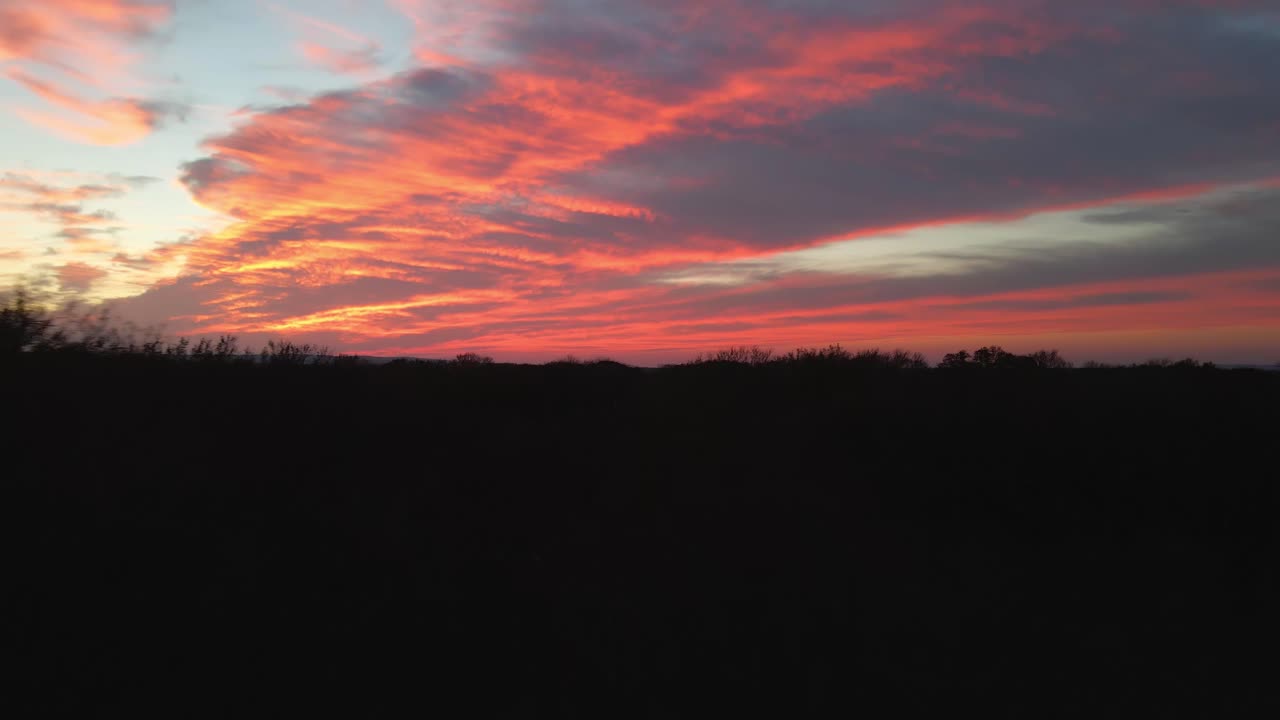 Images de drone d'un coucher de soleil aux couleurs vanille dans un vignoble texan au crépuscule