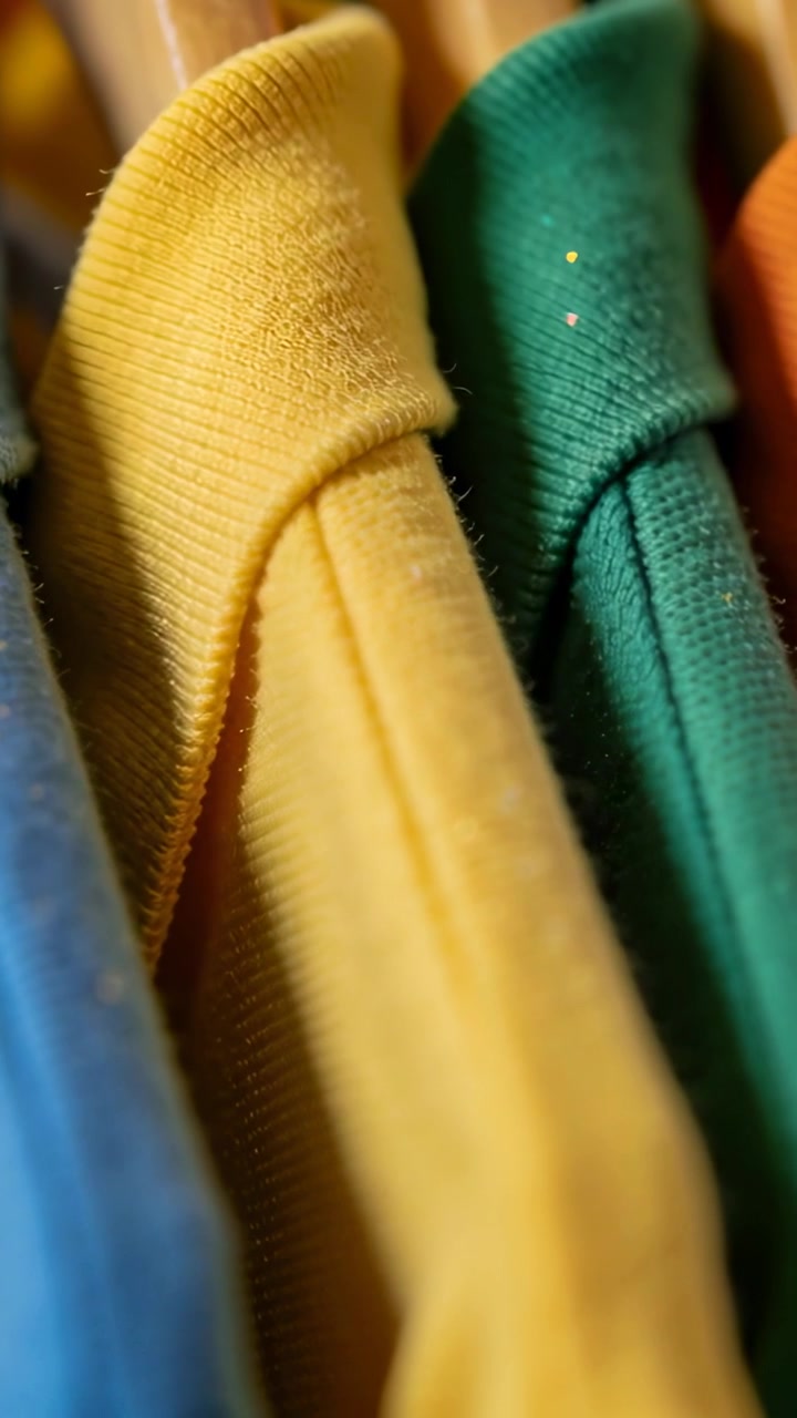 Vertical video: Moving camera showing yellow green knits on wooden rack, exposing glitter, lint