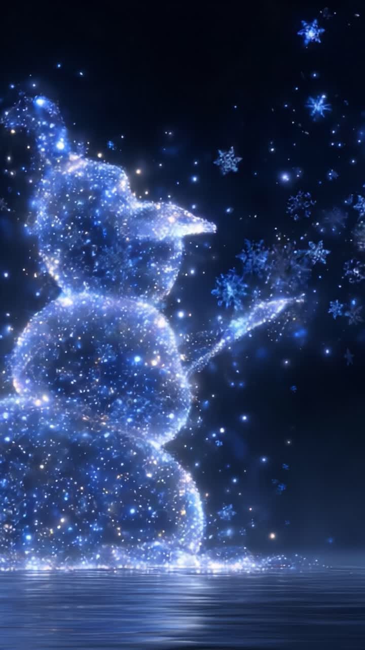 A Magical Fusion of Light and Snow: The Enchanting Journey of a Sparkling Snowman Dancing Among Glimmering Snowflakes in a Nighttime Wonderland