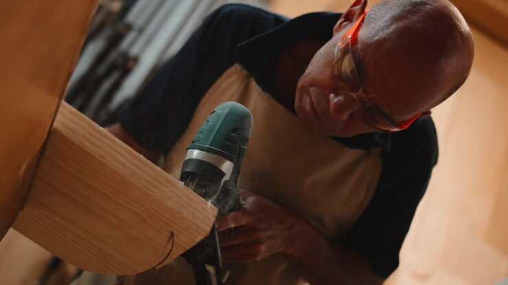 Man Drilling into Wood with a Power Tool in a Workshop
