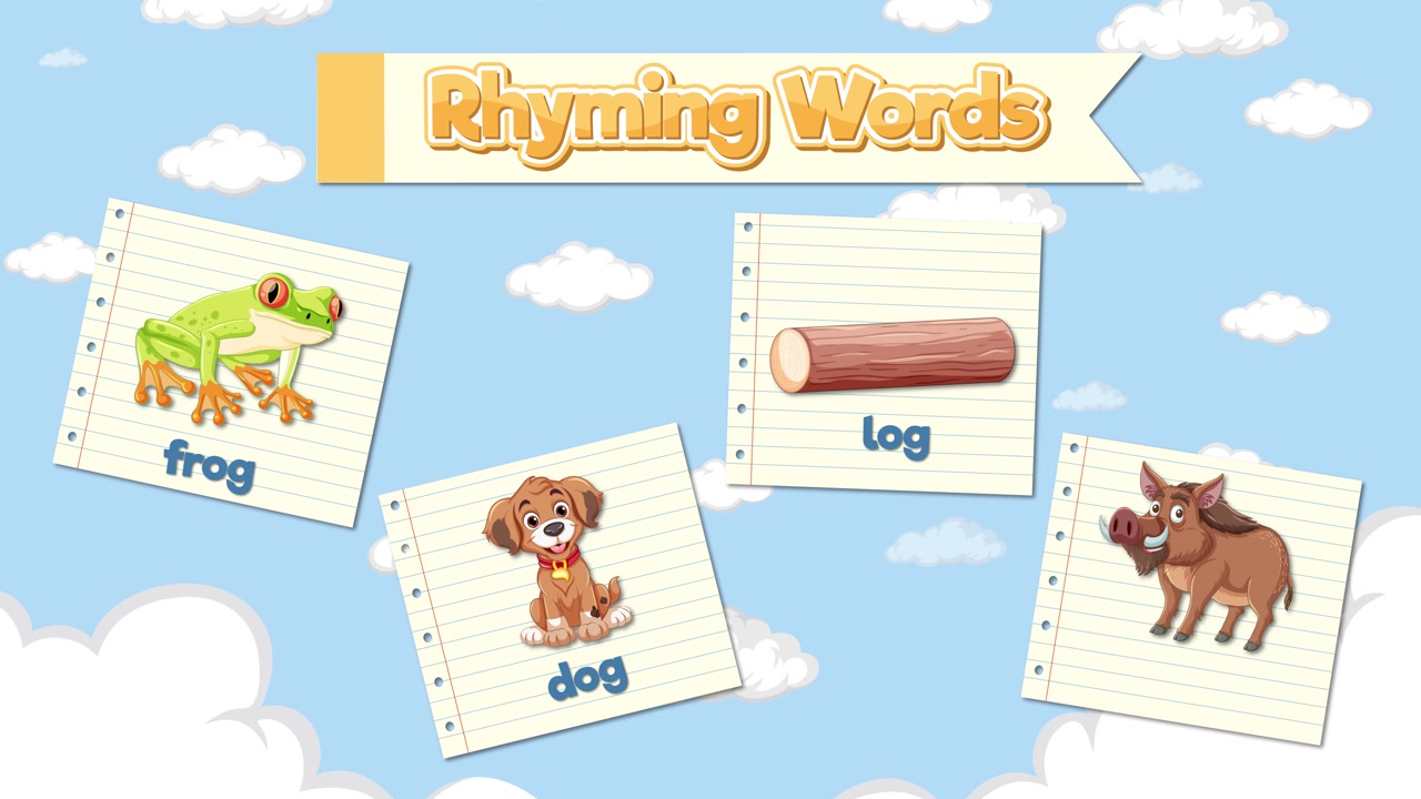 Cartoon flashcards appear against a blue sky background teaching children rhyming words through phonics