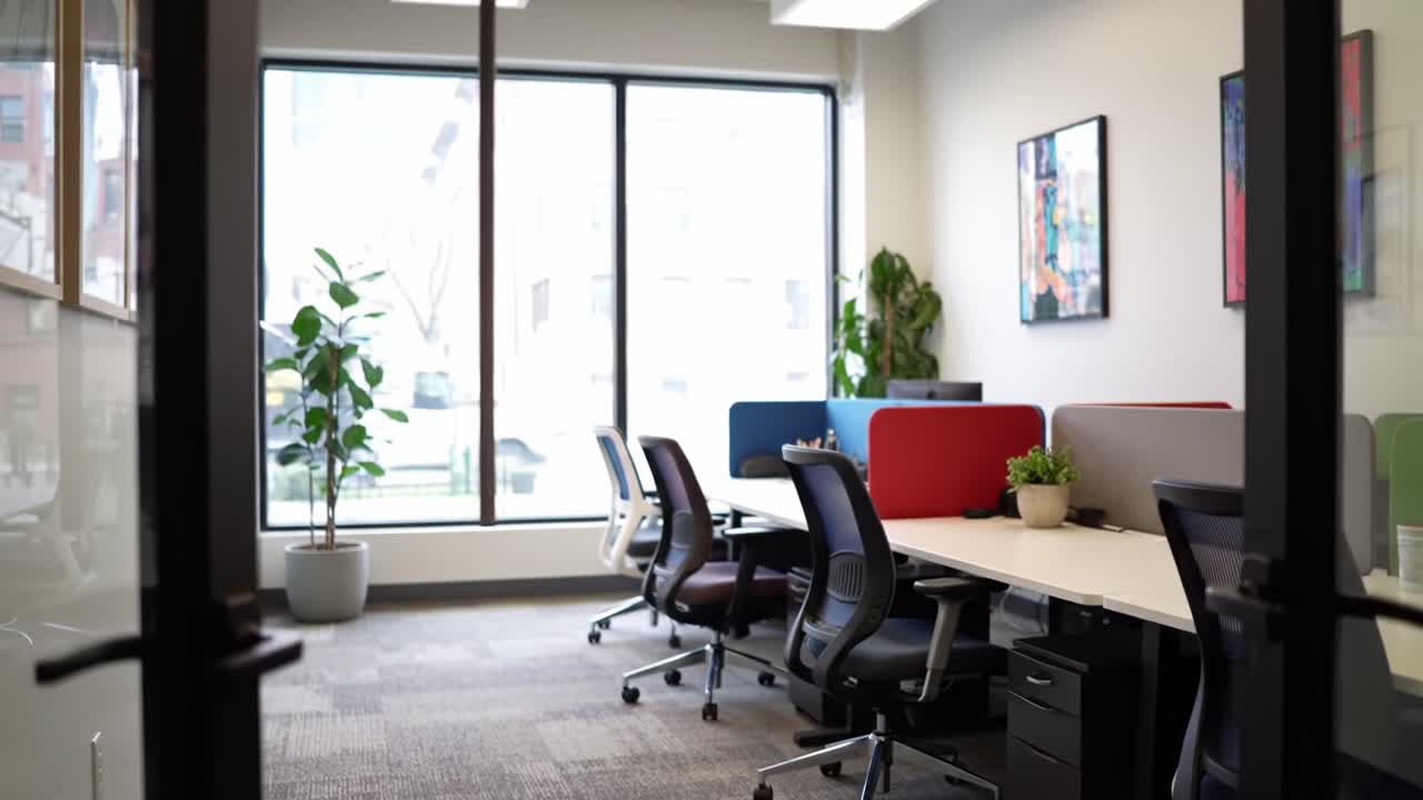 Interni di un moderno ufficio che mostrano uno spazio di lavoro collaborativo con illuminazione naturale, arredi eleganti e piante per un ambiente produttivo