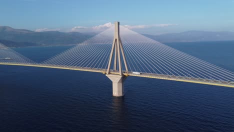 aerial view of a cable-stayed bridge over the sea