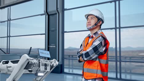 vista lateral de un ingeniero asiático con casco de seguridad de pie en una fábrica de alta tecnología, analizando el concepto de la máquina robótica. cruzando los brazos