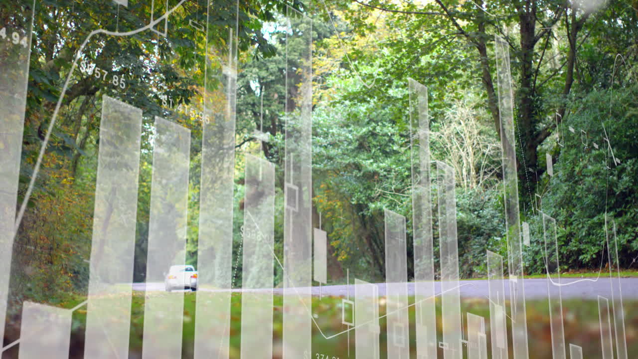 나무 에 대항 한 거리 에 있는 차량 위 에 숫자 가 변하는 여러 그래프 의 애니메이션