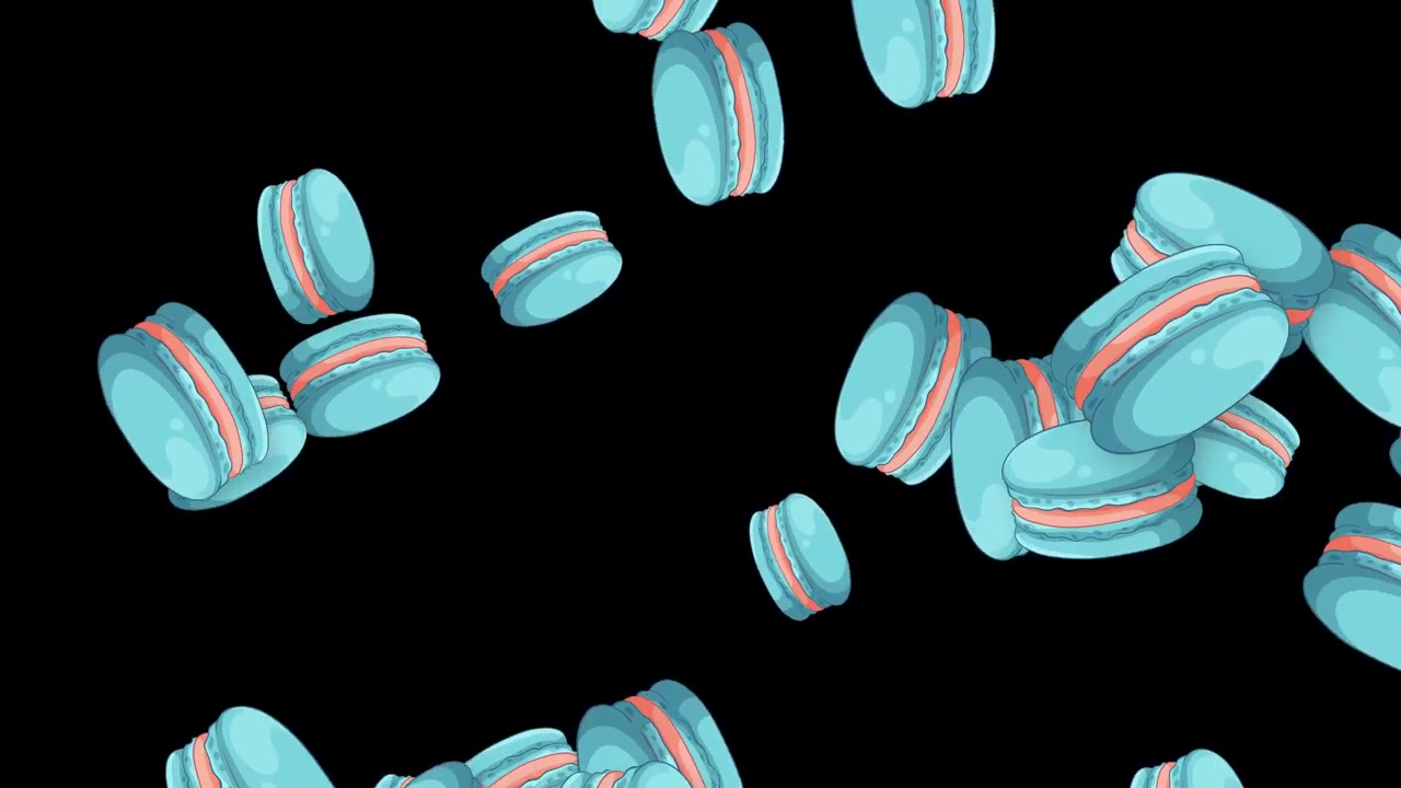 Stylized blue macarons with pink filling fall and float across a black background.