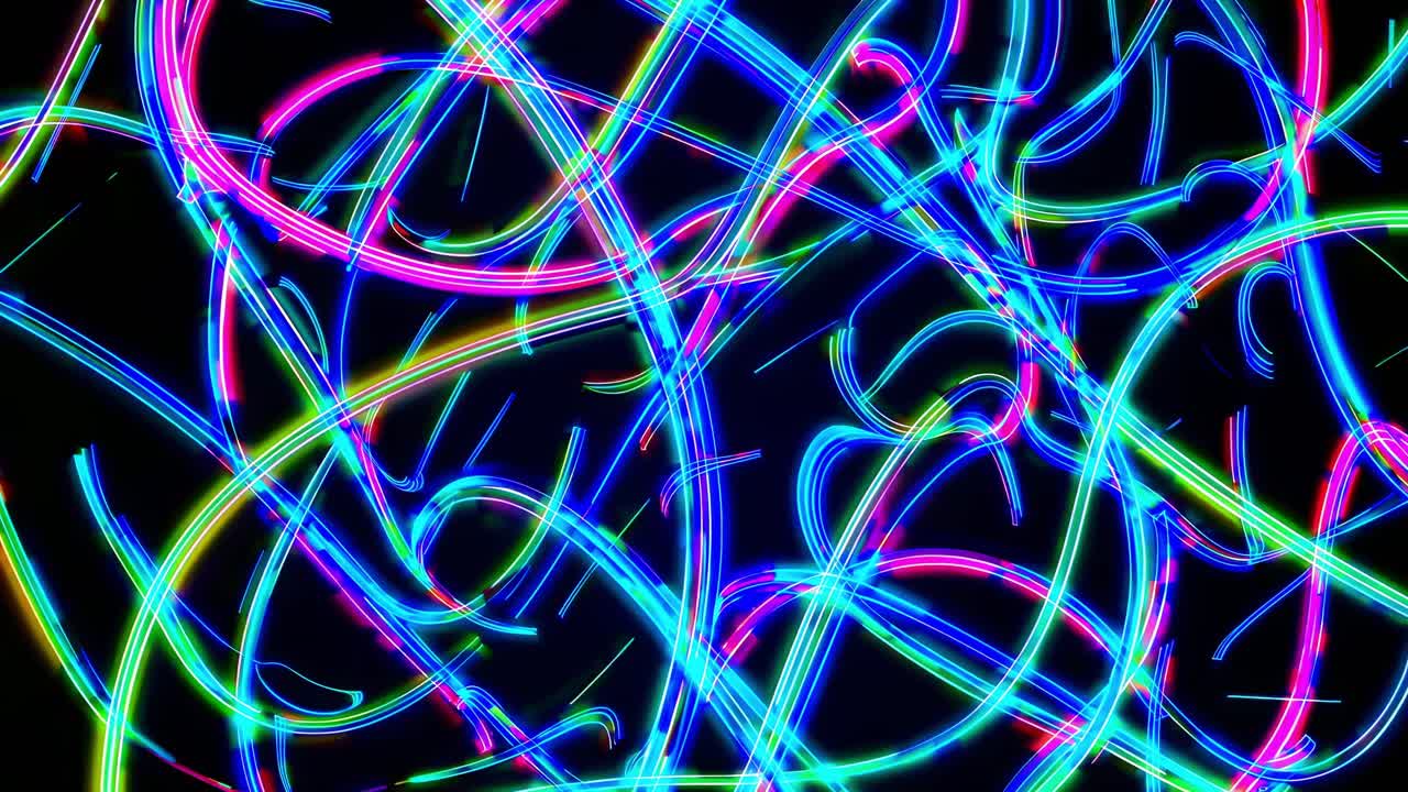 Bright neon light trails in vibrant hues of pink, blue, and green intertwine and overlap, forming a dynamic abstract composition against a dark backdrop, creating a sense of energy and movement