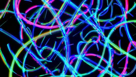 bright neon light trails in vibrant hues of pink, blue, and green intertwine and overlap, forming a dynamic abstract composition against a dark backdrop, creating a sense of energy and movement