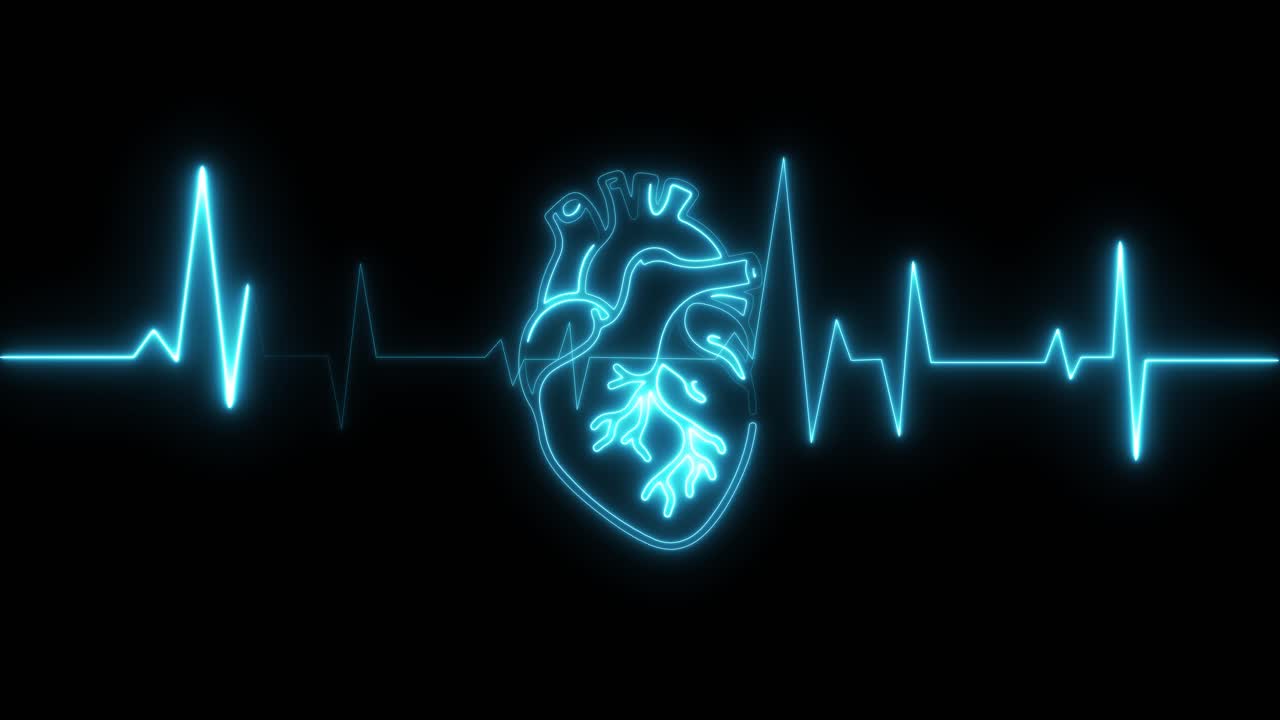 Neon Blue Heart and ECG Waveform on Black Background