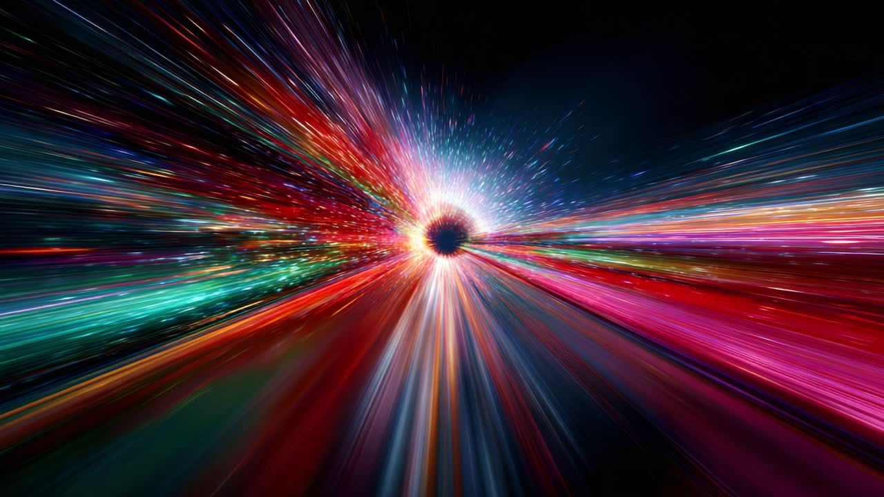 A mesmerizing visual experience depicting a cosmic void surrounded by vibrant beams of light and color, representing the dynamic motion through a galactic tunnel of energy and creativity