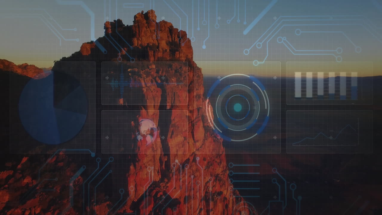 Sandstone cliff glowing at sunset displaying 3D render HUD with pie chart, bar graph, data panels